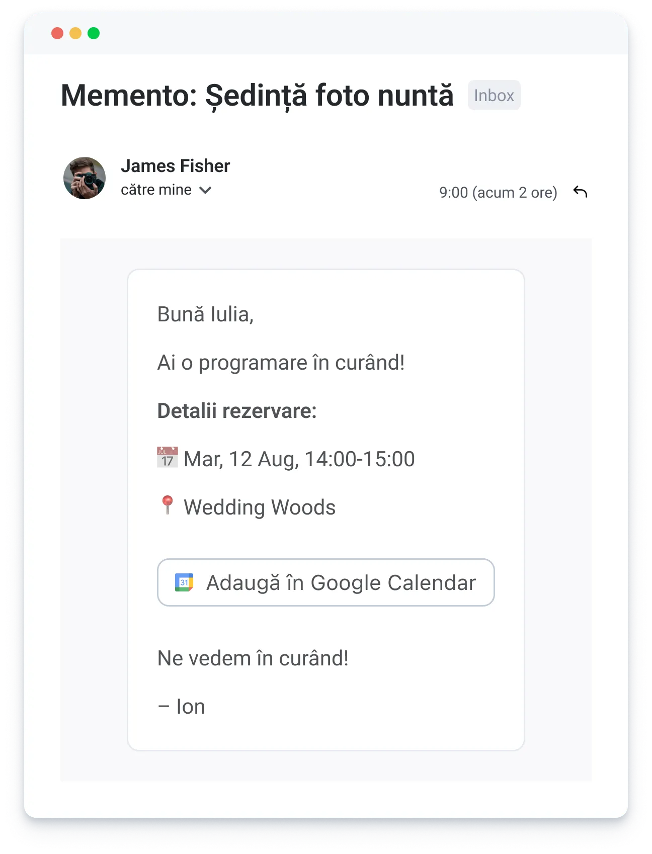 Email reminder of wedding photo session scheduled for Aug 12, 14:00-15:00 at Wedding Woods.
