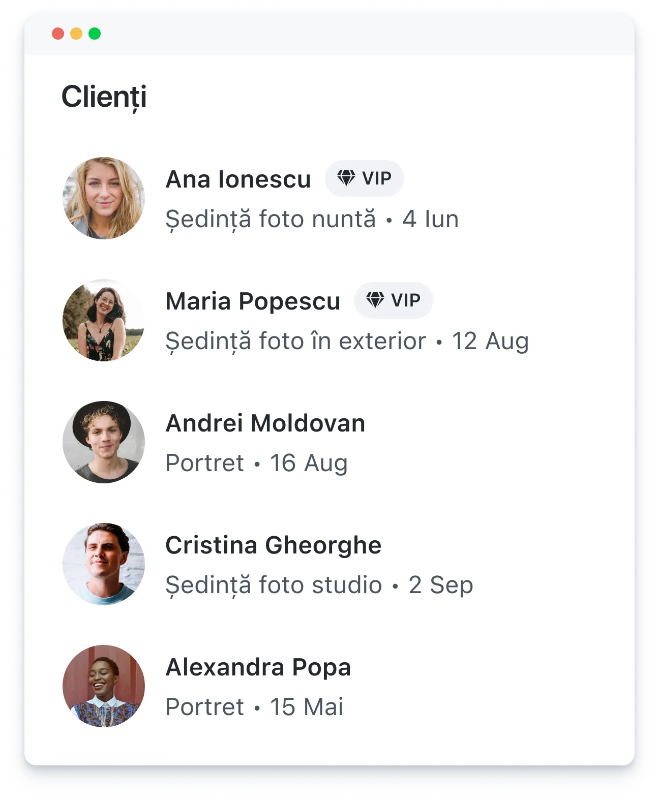 List of clients with profile photos, names, photo session types, dates, and VIP tags for two clients.