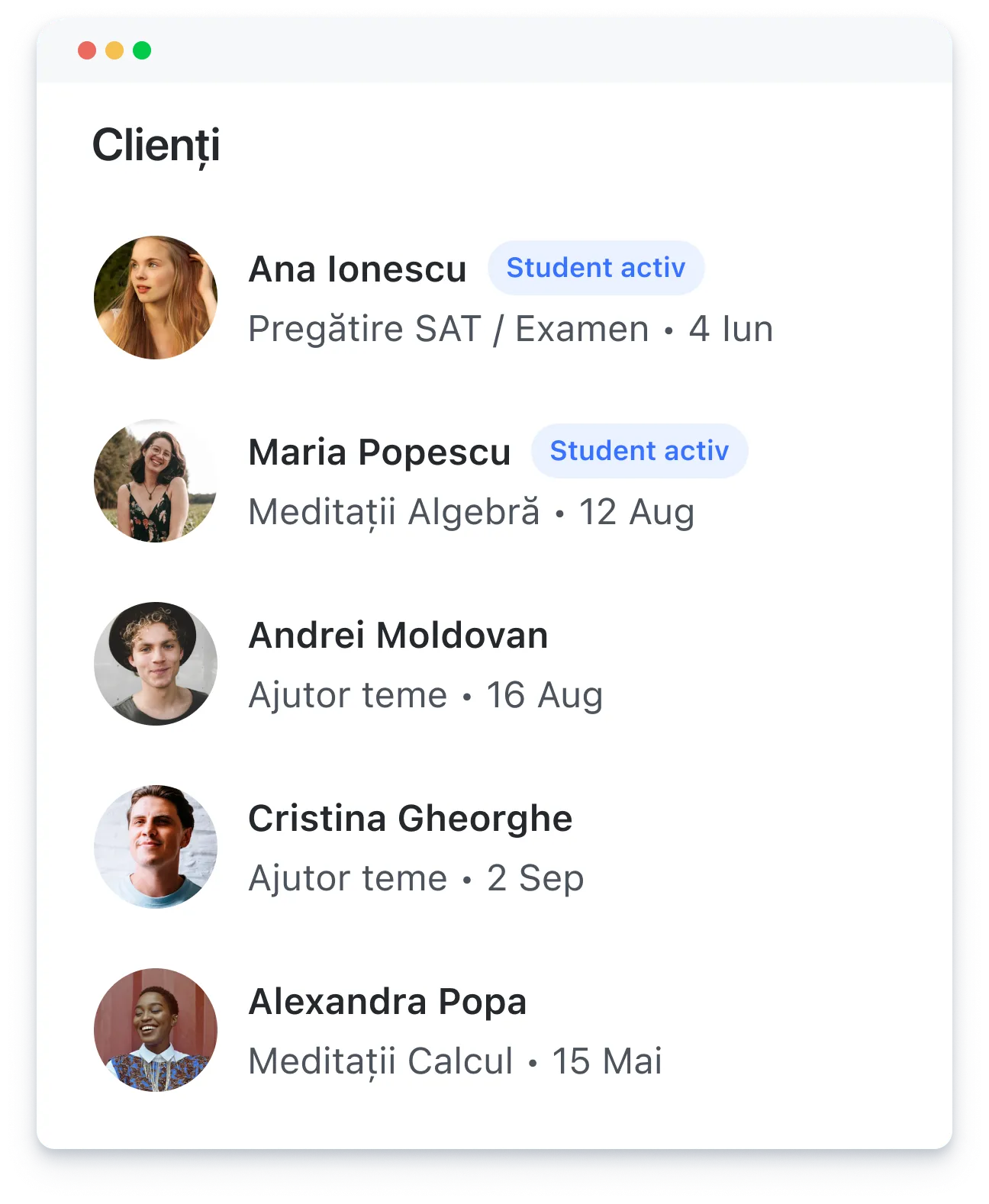List of clients with profile pictures, names, study topics, status, and dates in a user interface panel.