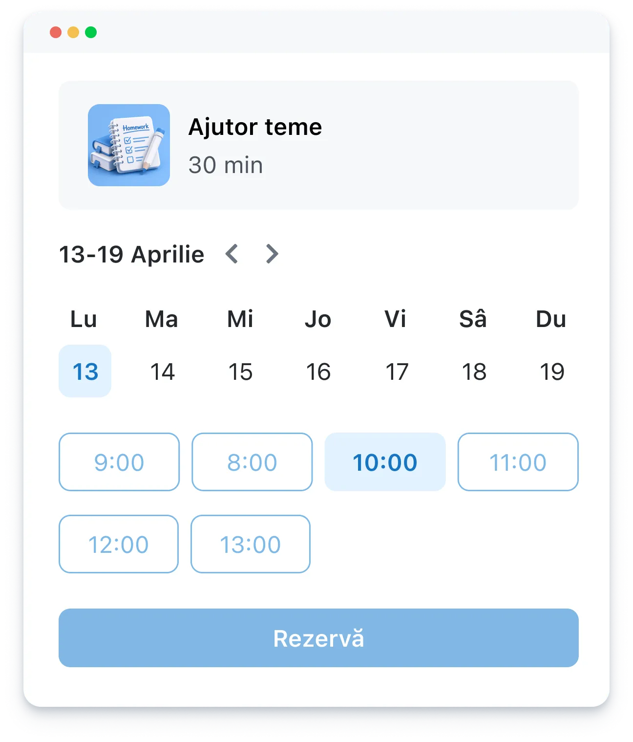 Calendar interface for booking a 30-minute session titled Ajutor teme, showing April 13 selected at 10:00 AM.