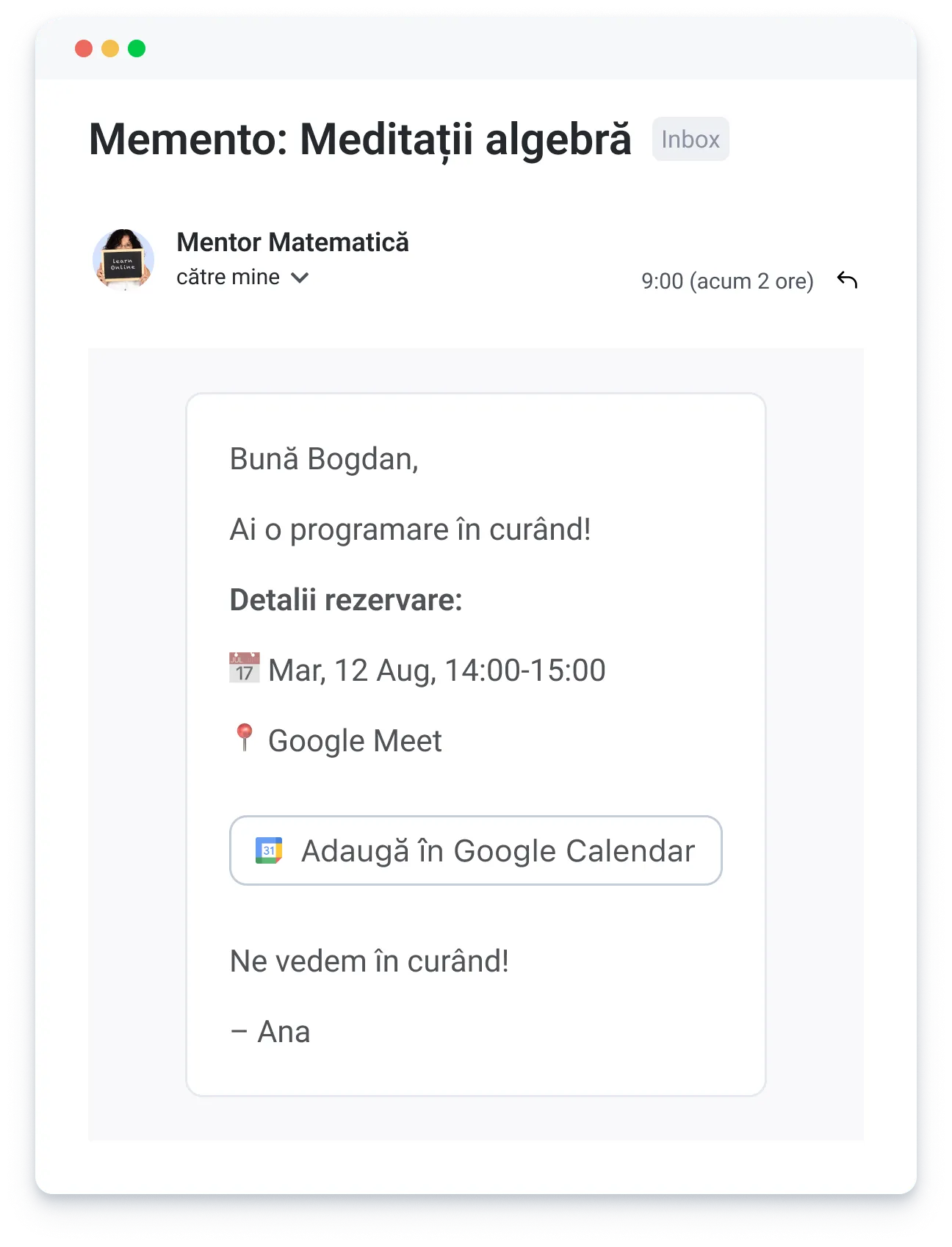 Email reminder from Mentor Matematică about algebra tutoring scheduled for Aug 12, 14:00-15:00 on Google Meet.