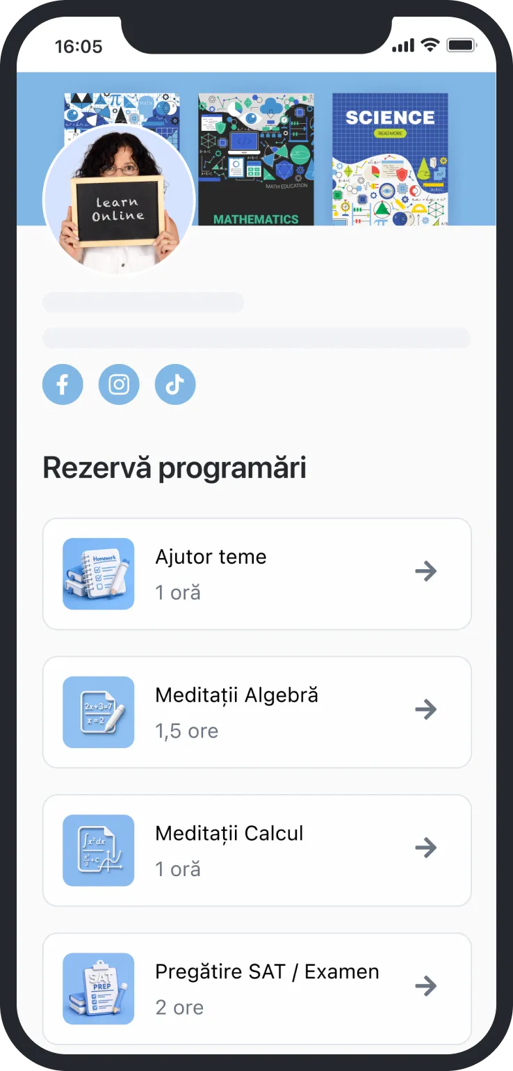Mobile screen showing online learning profile with booking options for homework help, algebra, calculus, and SAT prep.