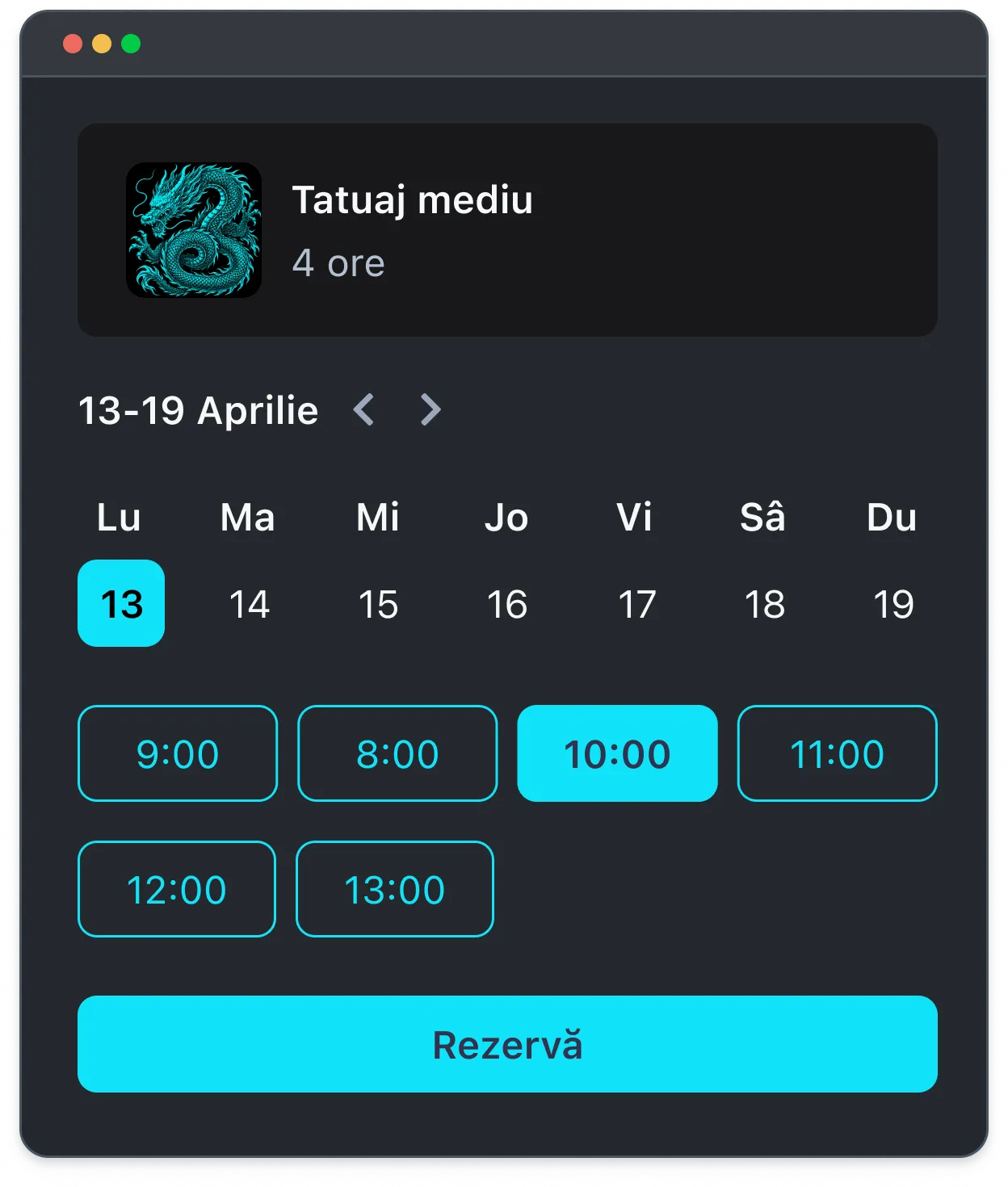 Tattoo booking calendar showing April 13 to 19, with April 13 and 10:00 AM selected and a blue Reserve button.