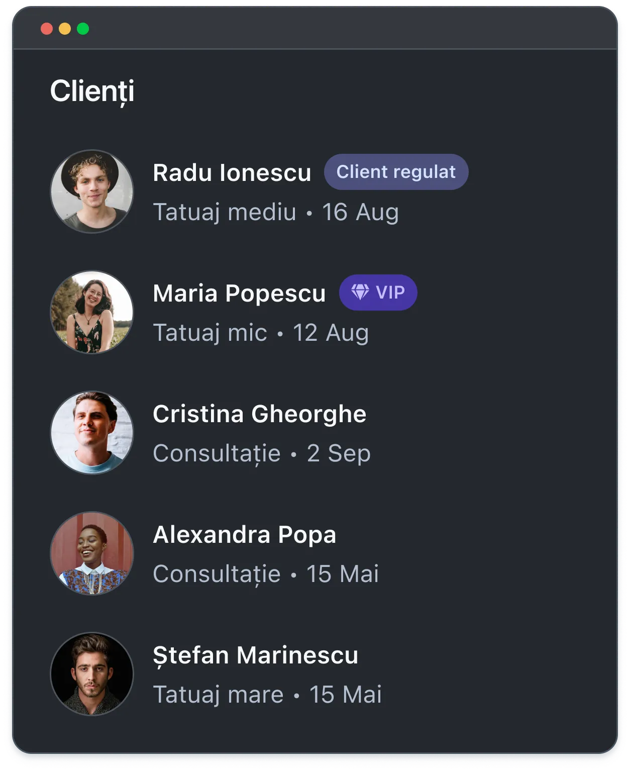 Client list with profile images, names, tattoo or consultation types, dates, and VIP or regular tags.
