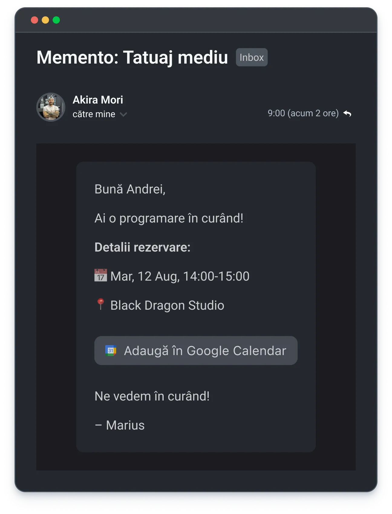 Email reminder of a tattoo appointment on Aug 12, 14:00-15:00 at Black Dragon Studio with option to add to Google Calendar.