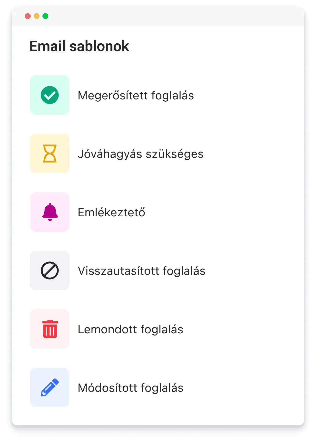 Email templates with icons: confirmed, approval needed, reminder, rejected, canceled, and modified bookings.