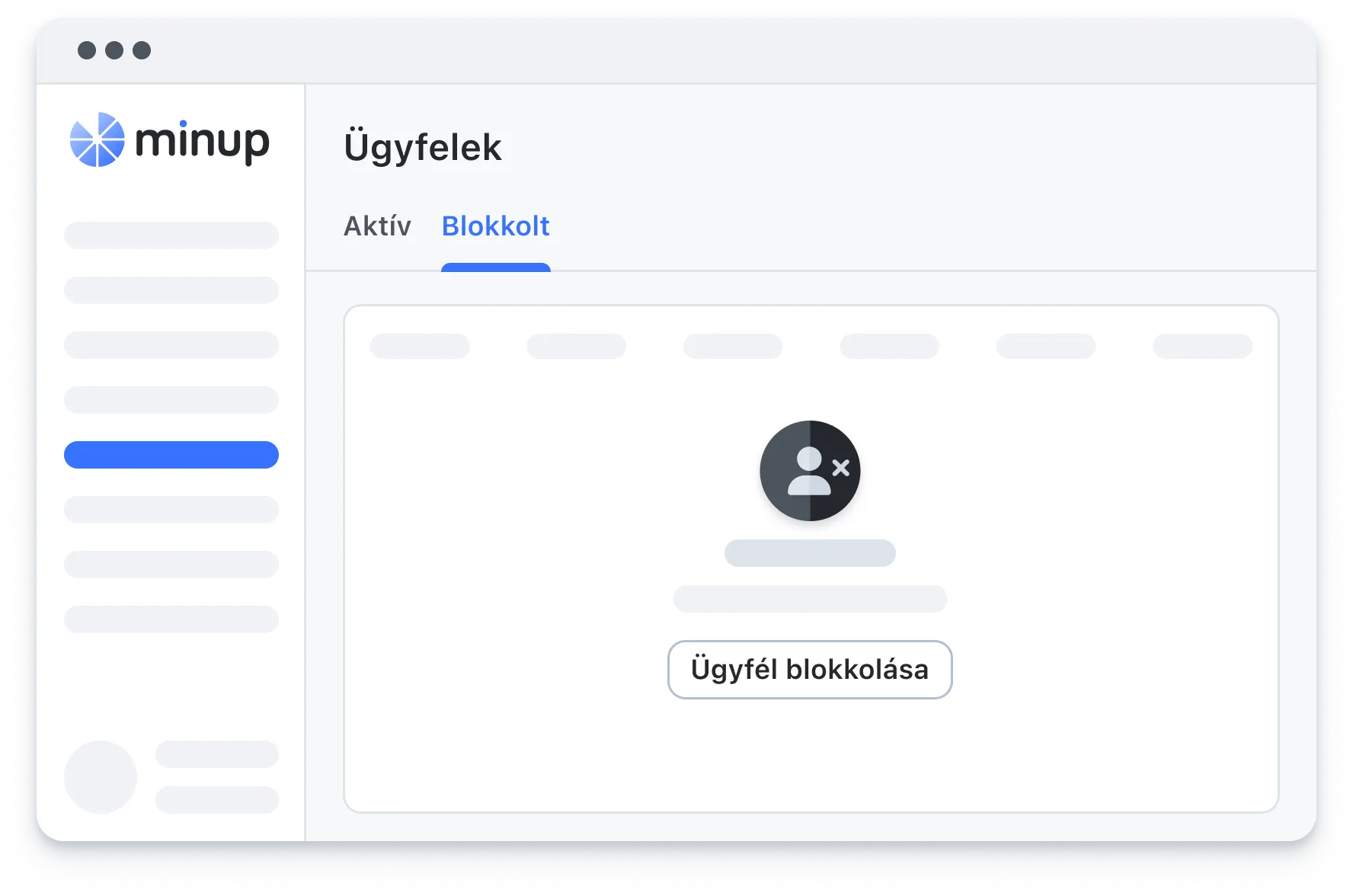 Minup client management dashboard showing 'Blocked' clients tab with block client button.
