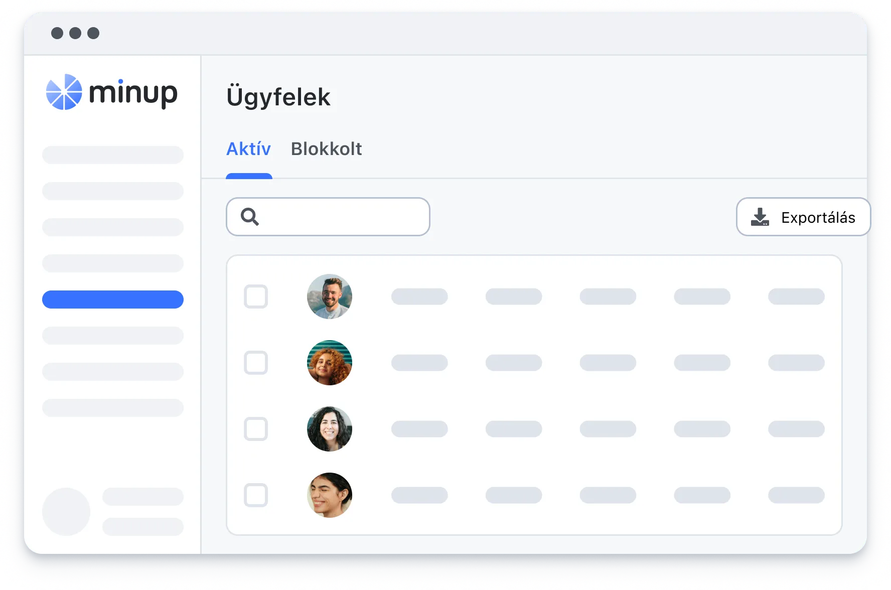 Client management interface with active clients list, search bar, and export option in Hungarian.