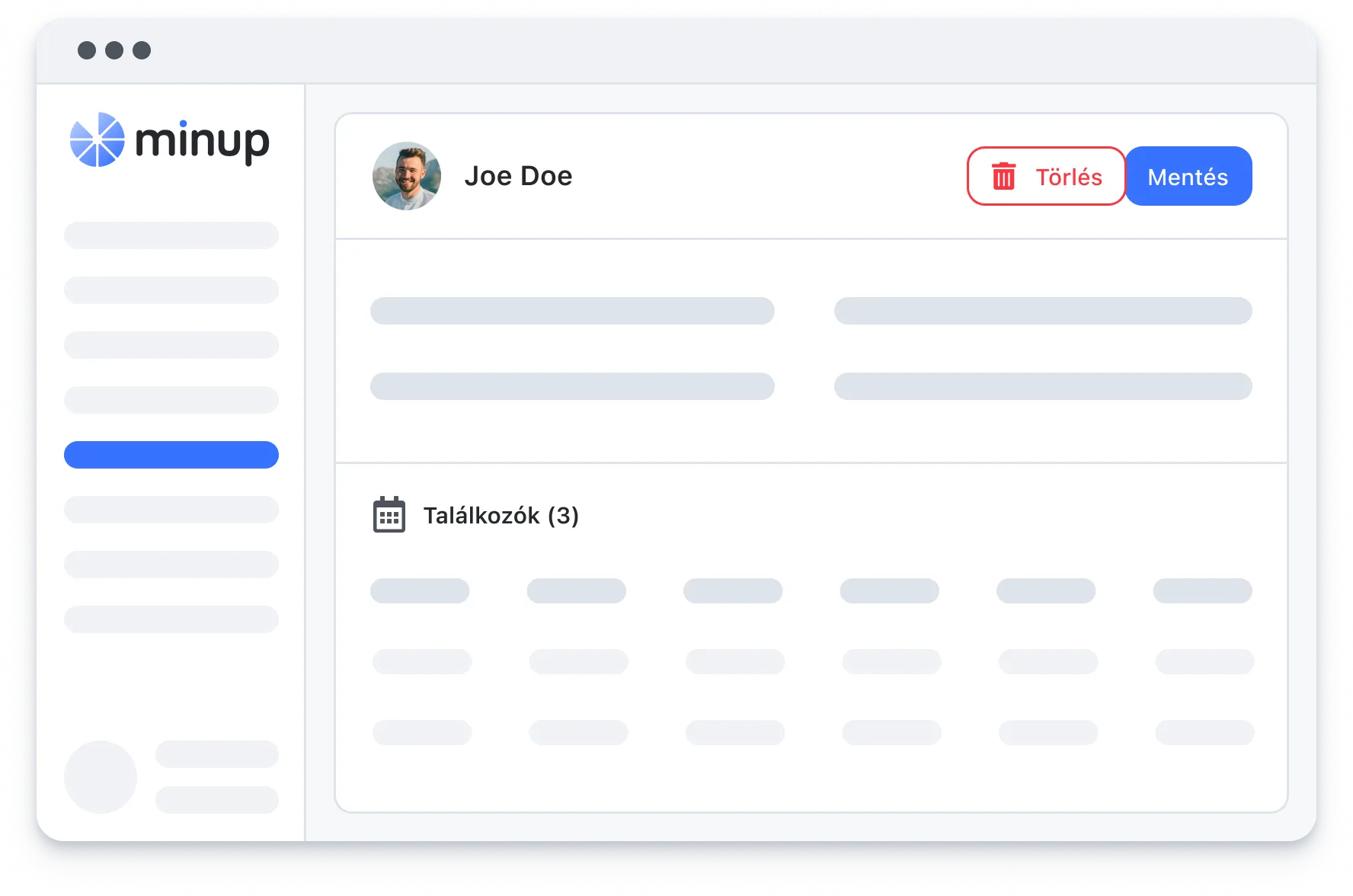 Client management interface showing user Joe Doe with options to delete or save and a meetings section.