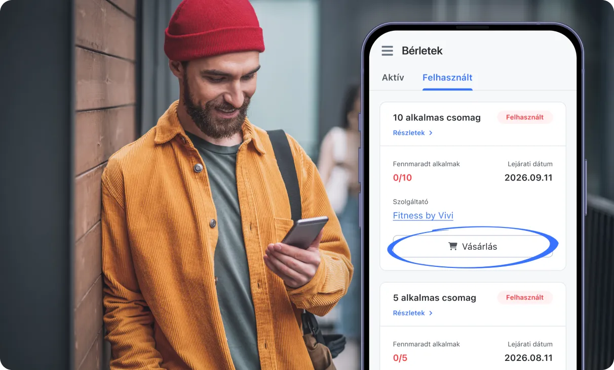 Man in orange jacket and red hat smiling while looking at his phone with a subscription app open.