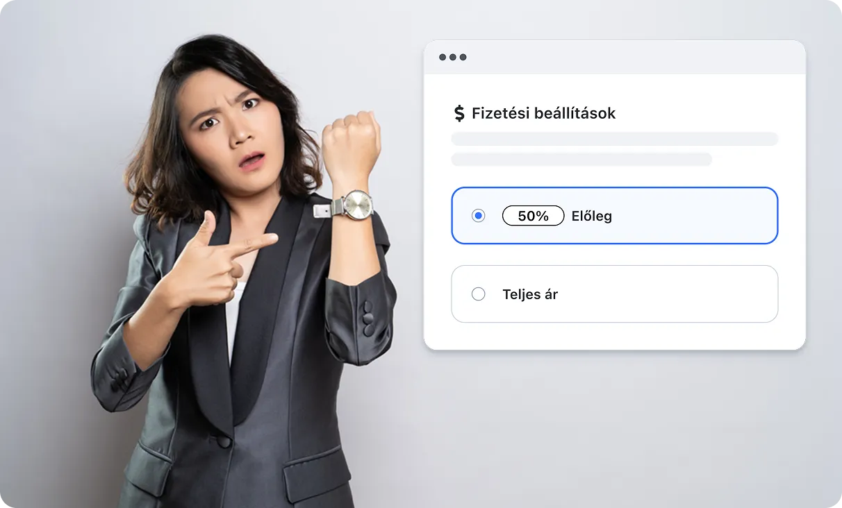 Woman in black blazer pointing at her wristwatch next to a payment settings screen showing 50% deposit selected.