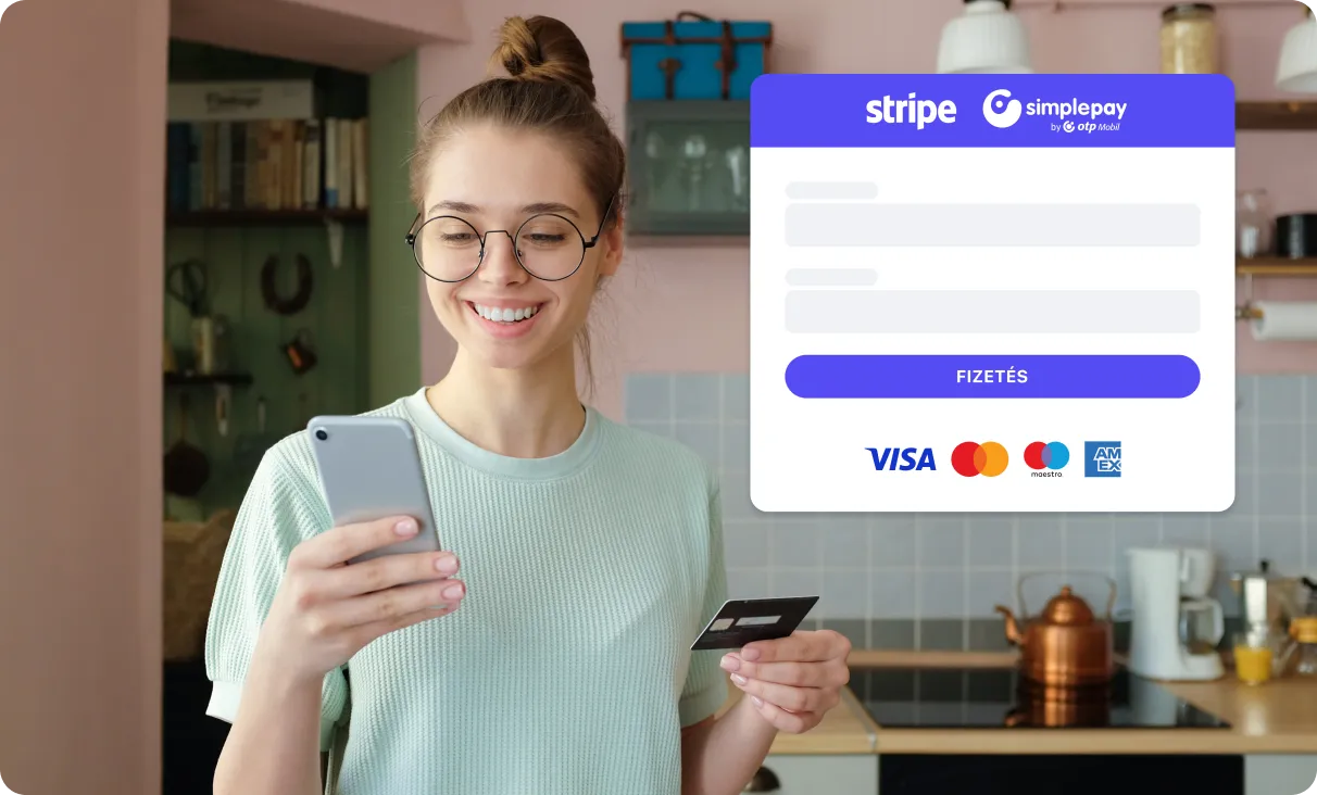 Smiling woman using phone and holding credit card with a digital payment screen overlay.