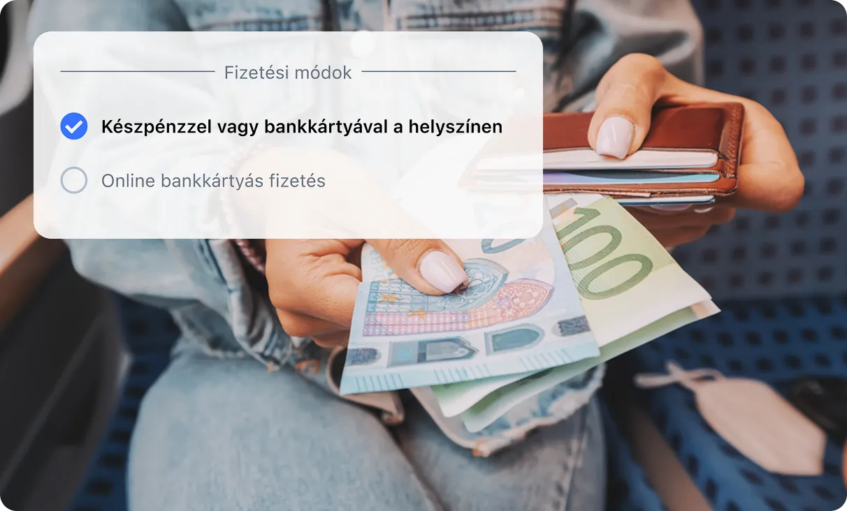 Person holding euro cash and wallet with payment options overlay: cash or card in-person, online card payment.