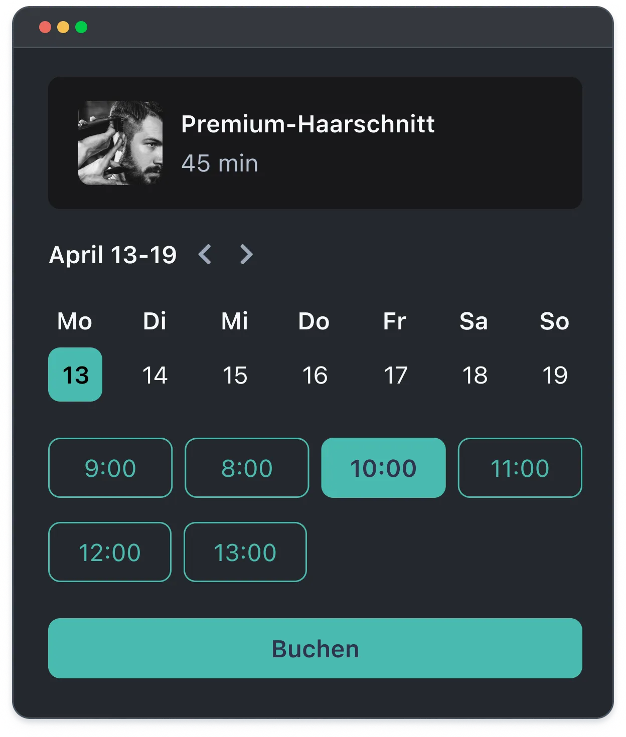 Calendar booking for Premium Haircut, 45 min, April 13-19, with selected date April 13 and time 10:00.