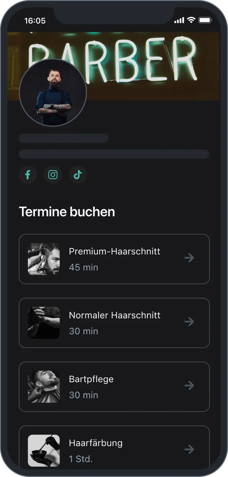 Barber booking app showing premium haircut, normal haircut, beard care, and hair coloring services with times.