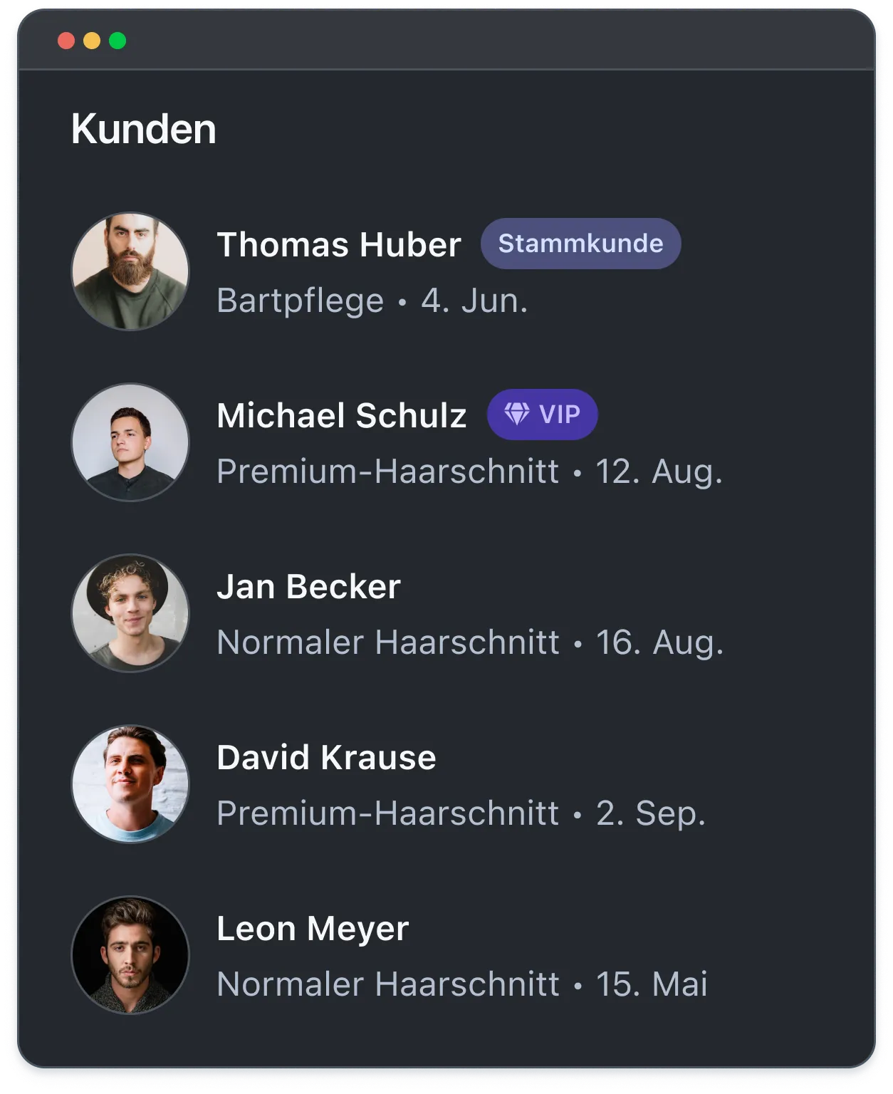 Customer list showing names, services, dates, and tags like VIP and regular at a barber shop CRM.