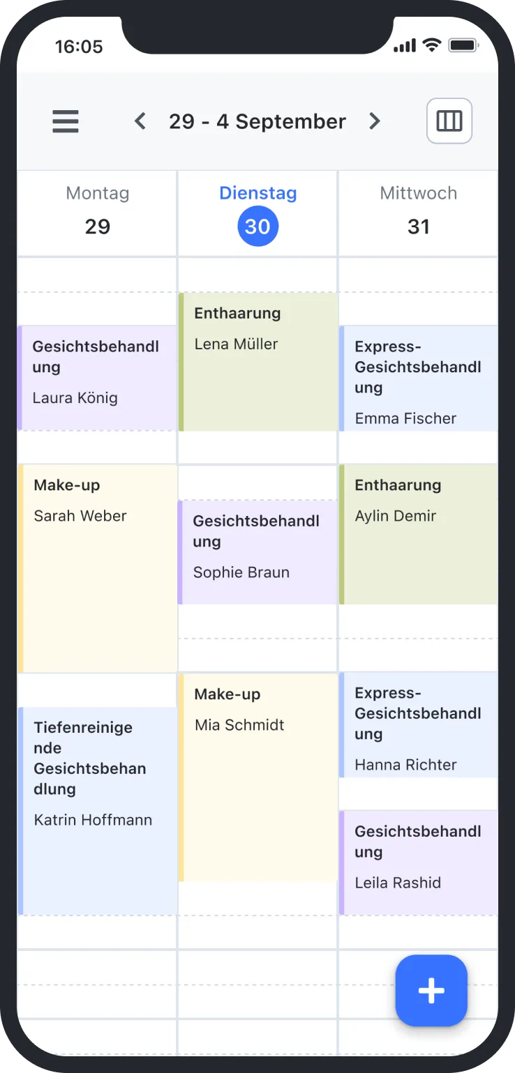 Mobile calendar showing beauty appointments from Aug 29 to Sep 31 including facial treatments and make-up.
