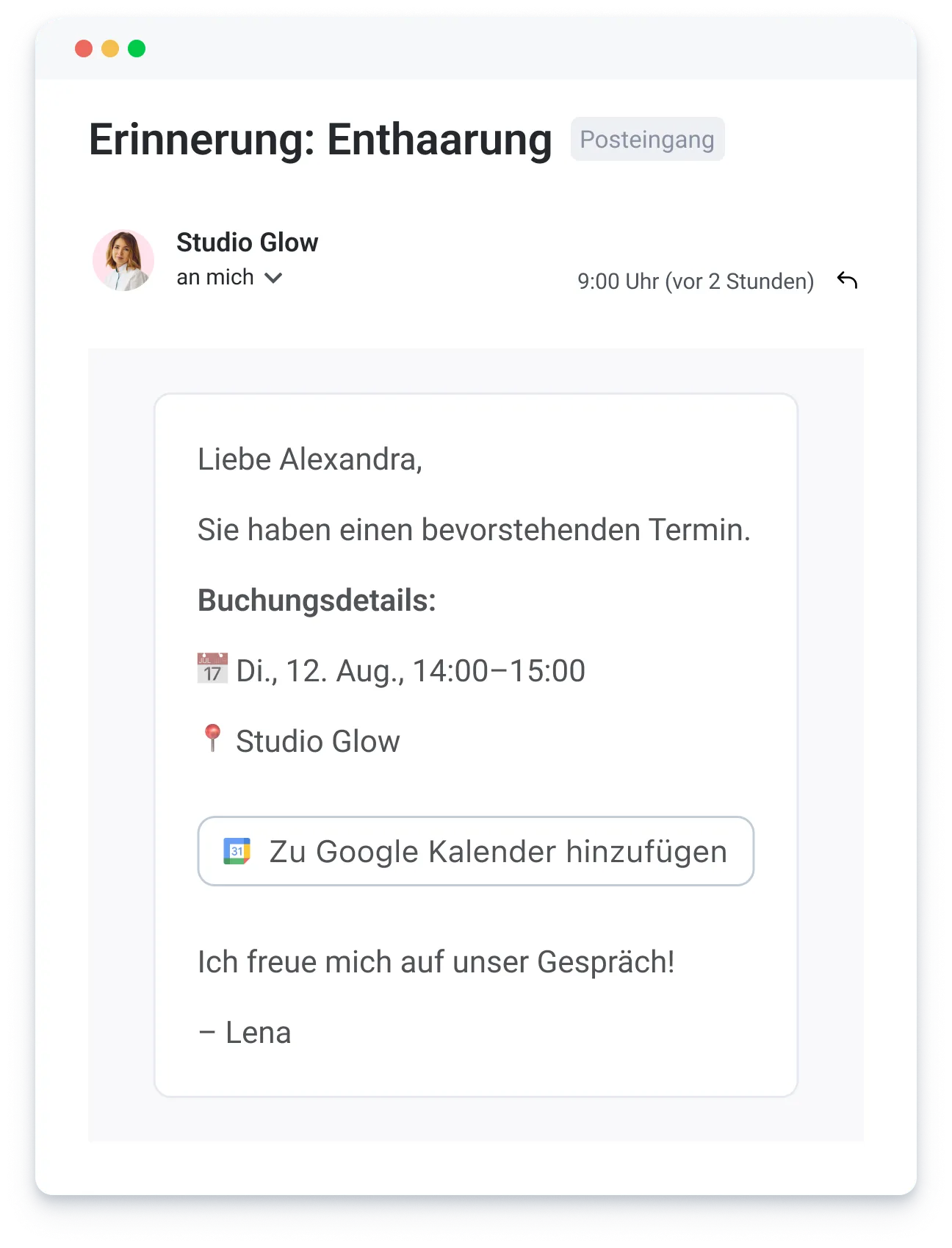 Email reminder from Studio Glow to Alexandra about a hair removal appointment on Aug 12, 14:00-15:00.