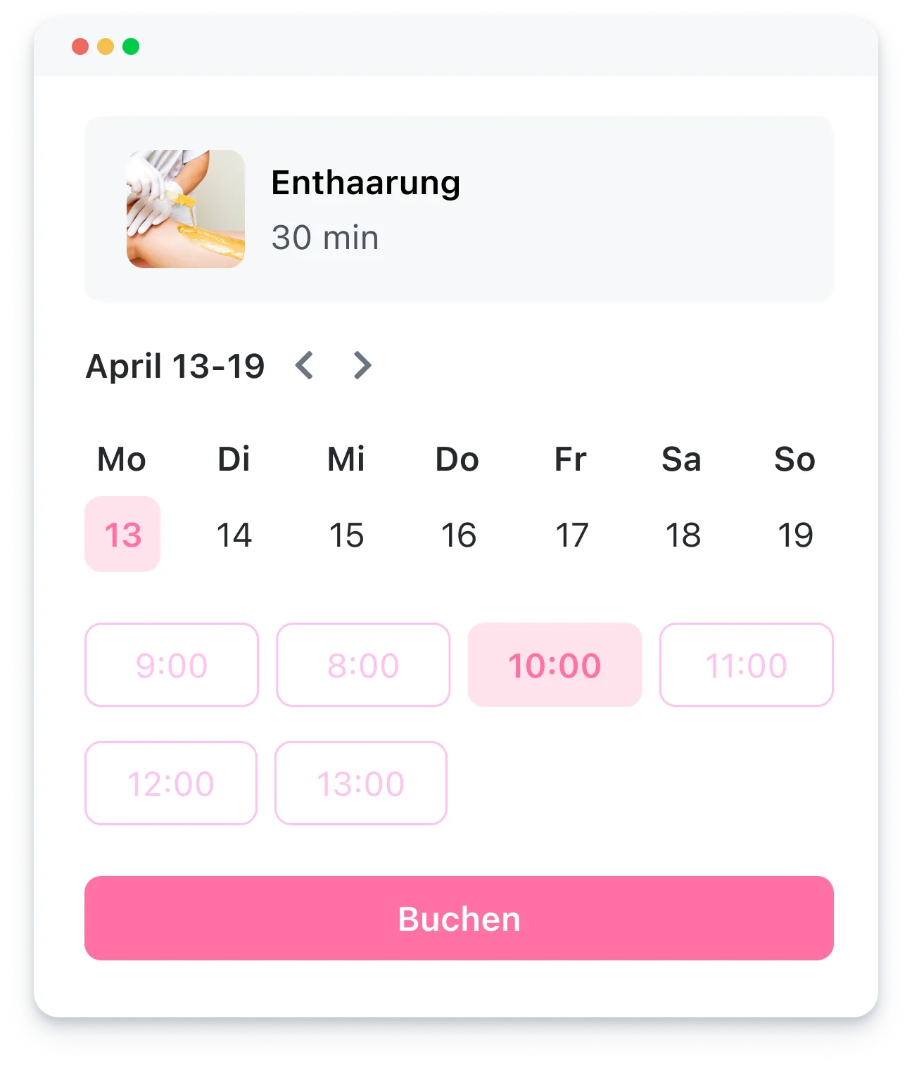 Calendar booking for waxing on April 13, 10:00 AM selected, with other times available for the week.
