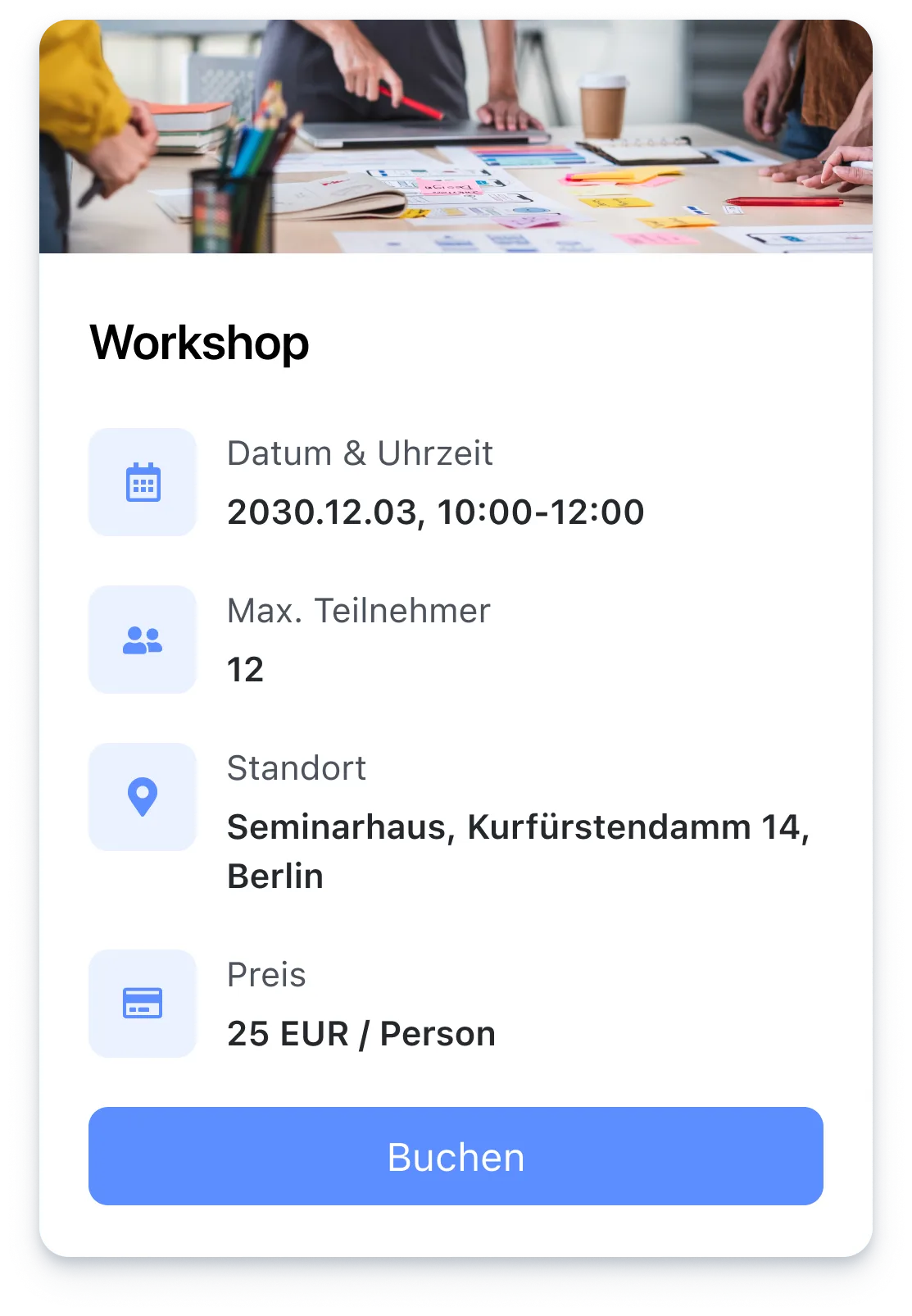 Workshop details: December 3, 2030, 10 AM to 12 PM, max 12 participants, Berlin location, 25 EUR per person.