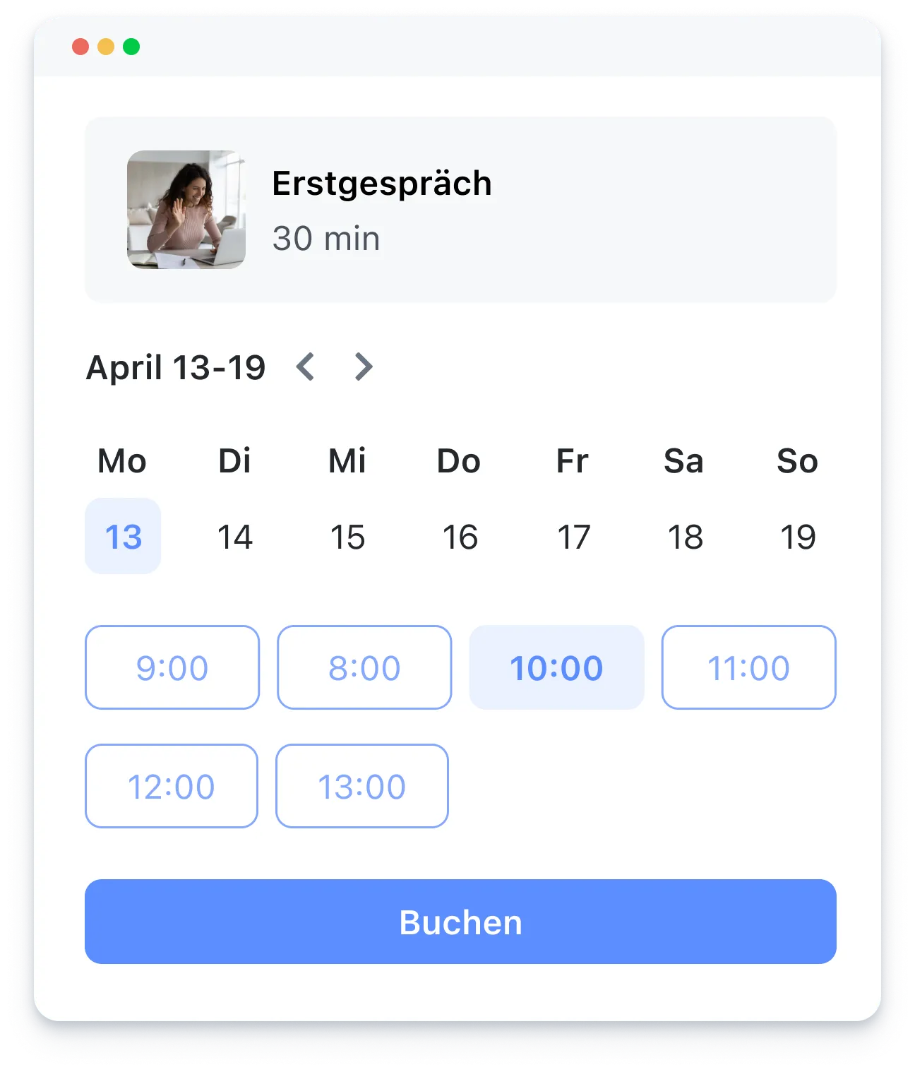 Online calendar for booking a 30-minute Erstgespräch session, showing available times on April 13.