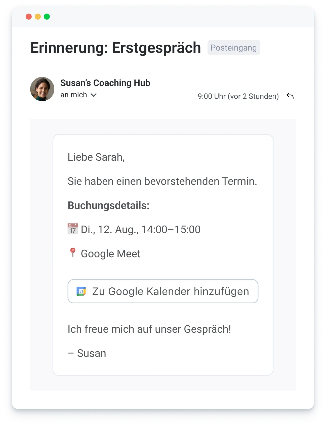 Email reminder for coaching appointment on Aug 12, 14:00-15:00 via Google Meet with option to add to Google Calendar.