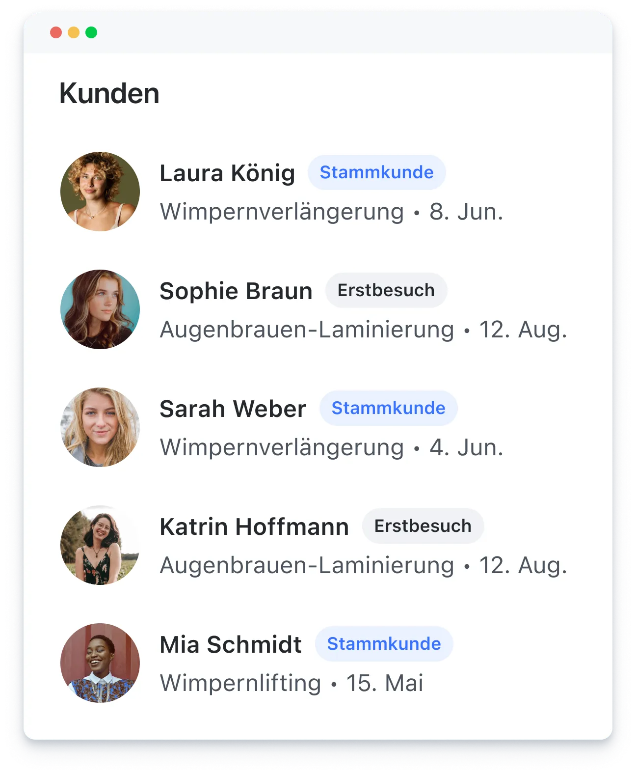 Customer list with profile pictures, names, service types, dates, and tags like Stammkunde and Erstbesuch.
