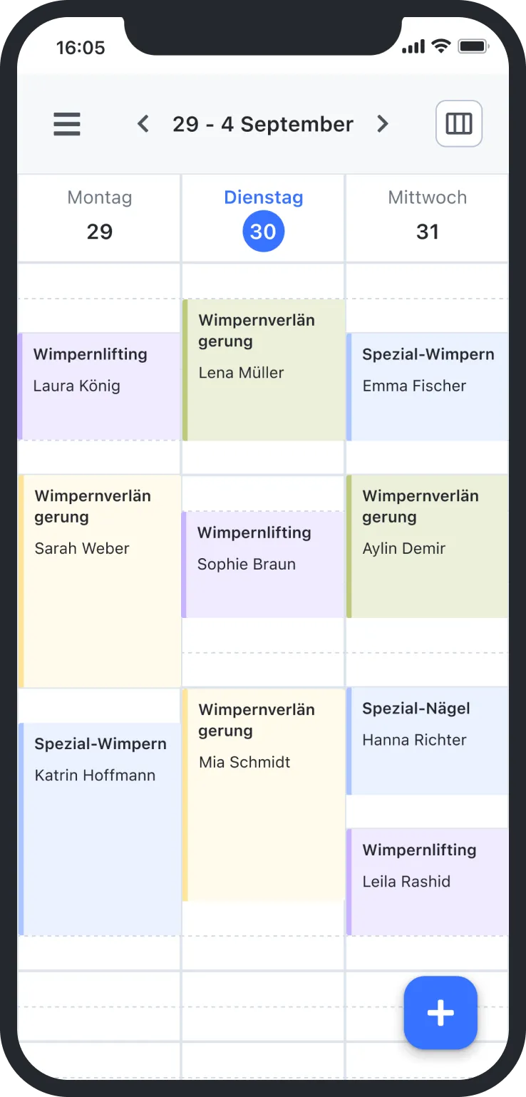 Mobile calendar app showing appointments for eyelash treatments and specialists from Sept 29 to 31.