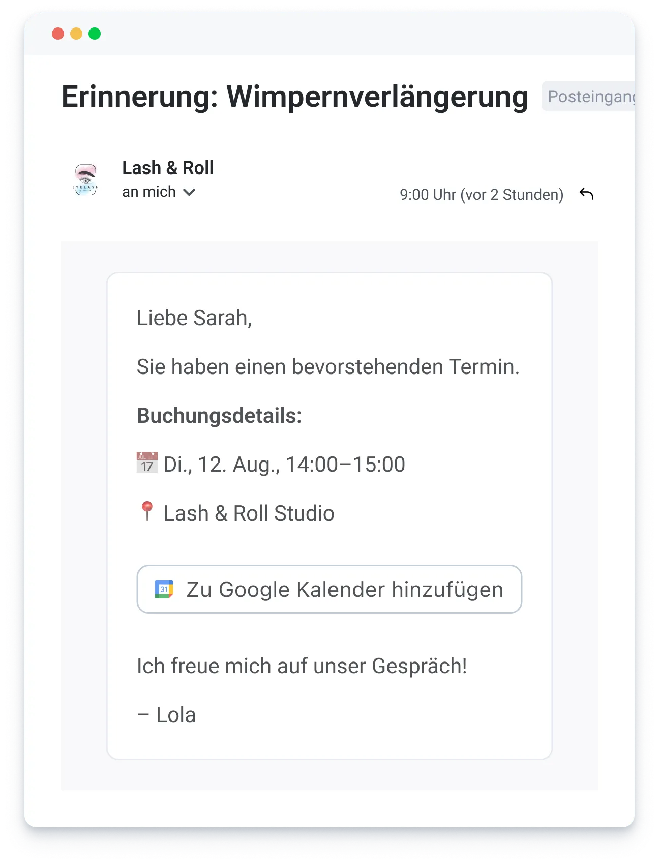 Email reminder for eyelash extension appointment on August 12 from 14:00 to 15:00 at Lash & Roll Studio.
