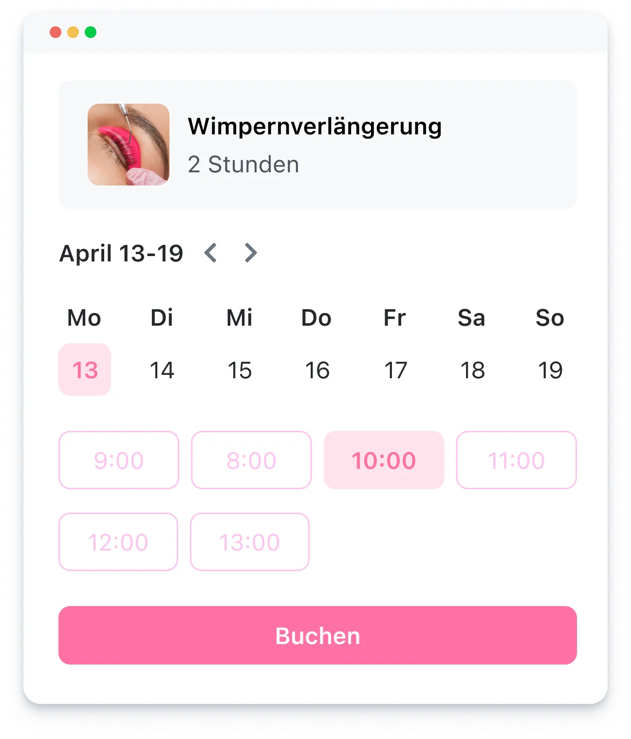 Calendar interface for booking 2-hour eyelash extension on April 13, with 10:00 selected.