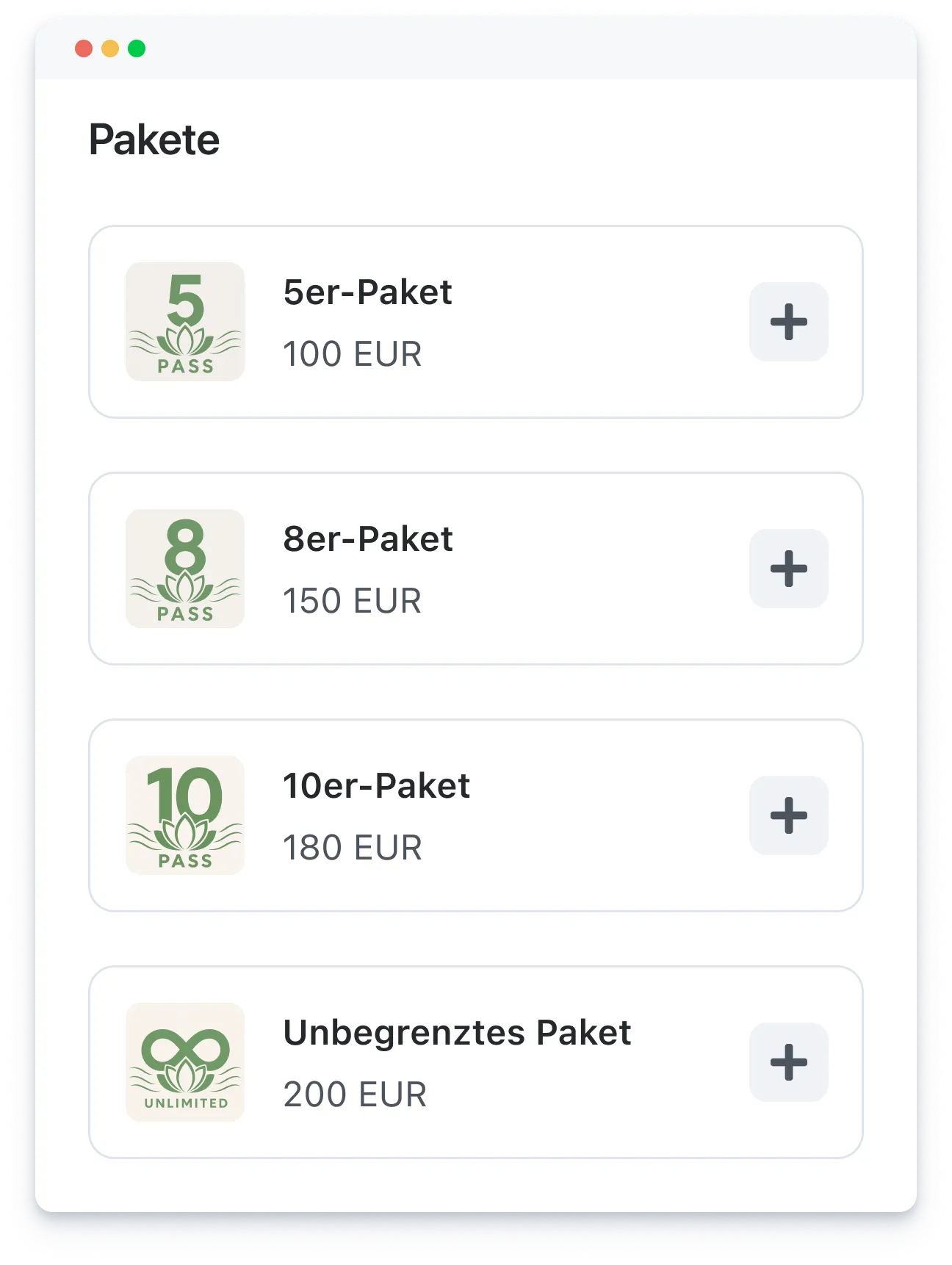 List of four service packages with prices: 5-pack 100 EUR, 8-pack 150 EUR, 10-pack 180 EUR, unlimited 200 EUR.