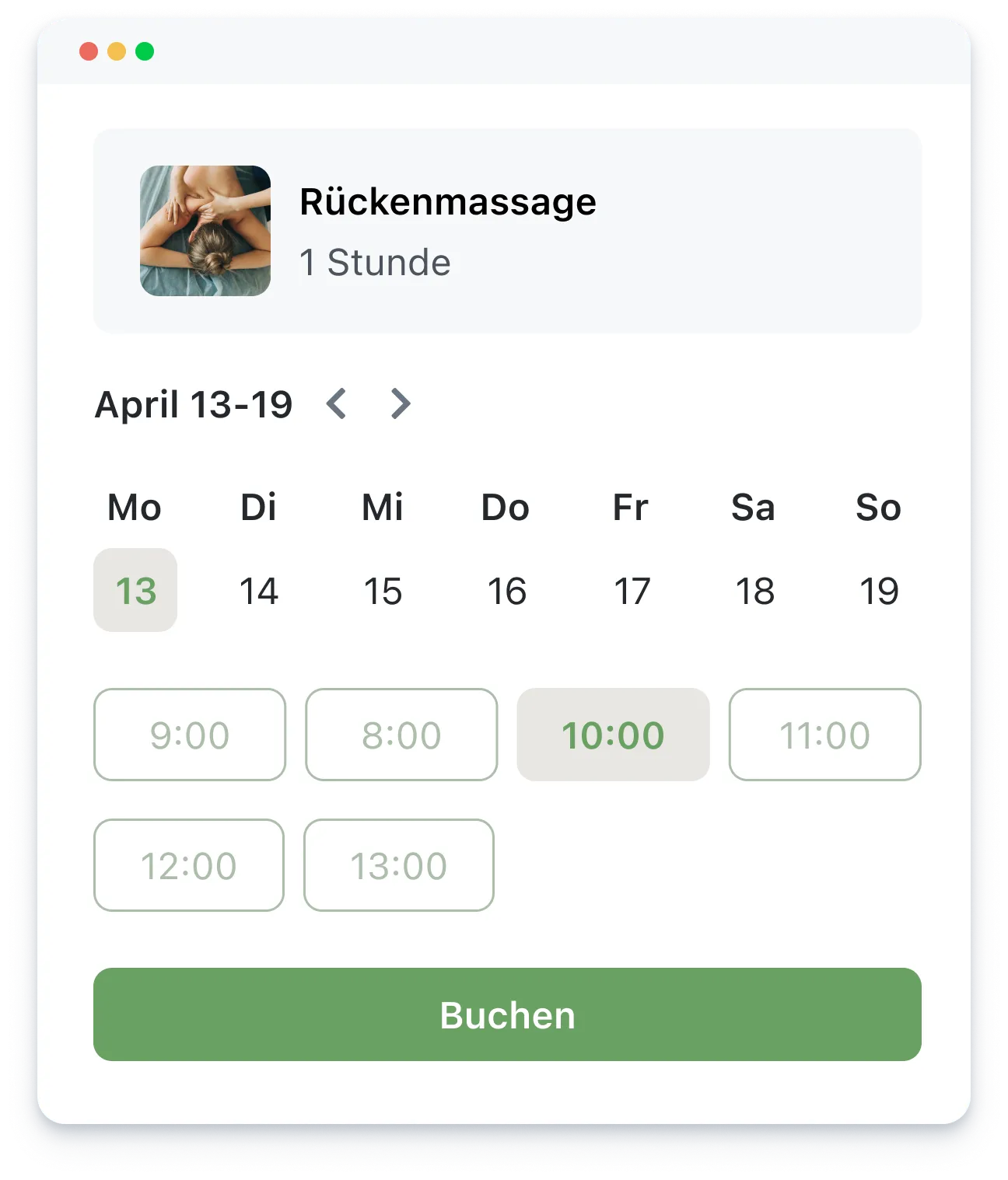 Booking calendar for one-hour back massage with available time slots on April 13 highlighted.
