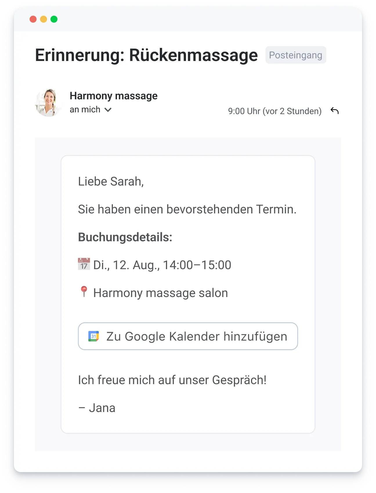 Email reminder for upcoming massage appointment on Aug 12, 14:00-15:00 at Harmony massage salon.