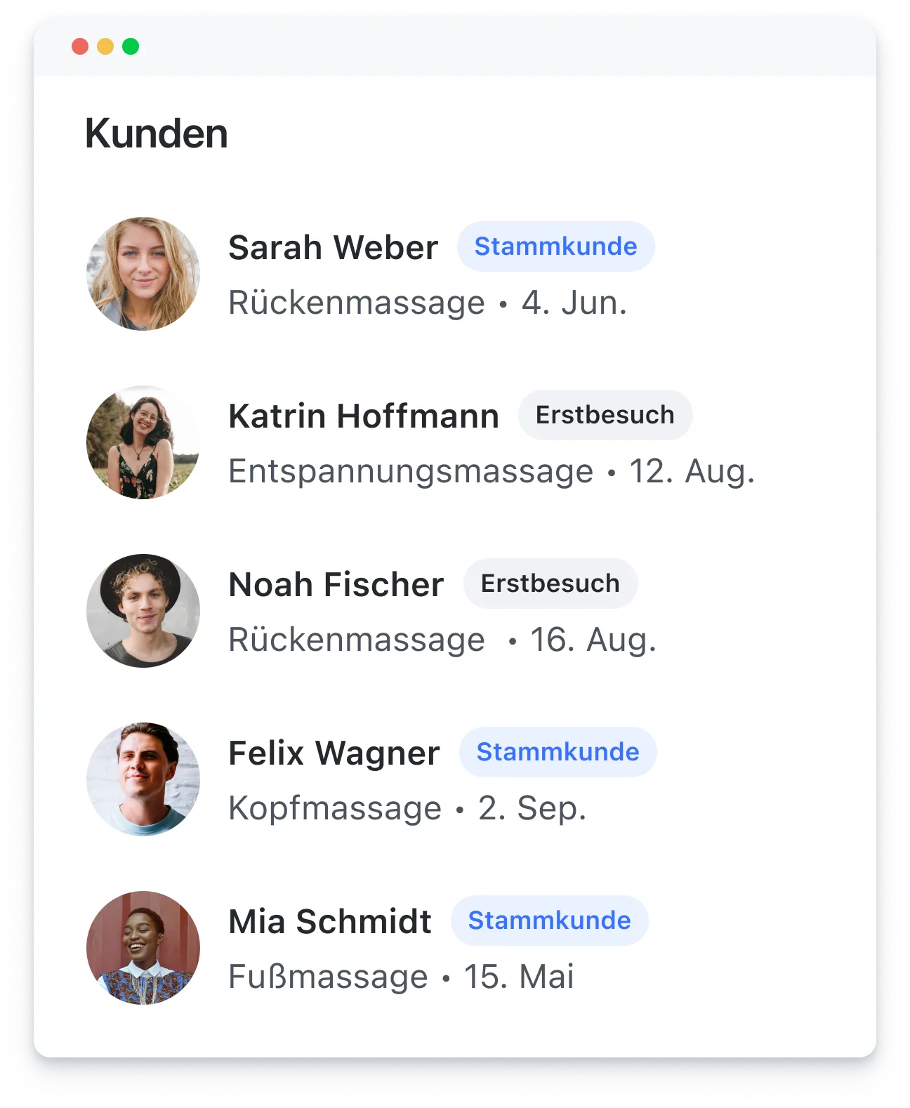List of customers with profile photos, names, massage types, dates, and labels for regular or first-time visits.
