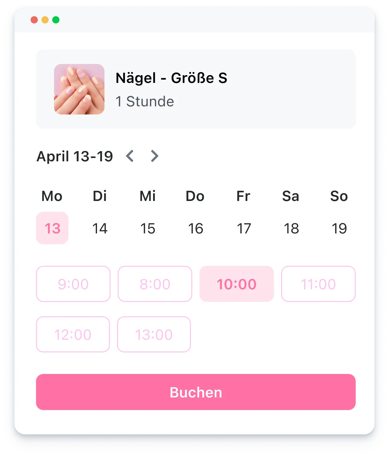Calendar interface showing nail size S booking for April 13, 10:00 highlighted, with a pink book button.
