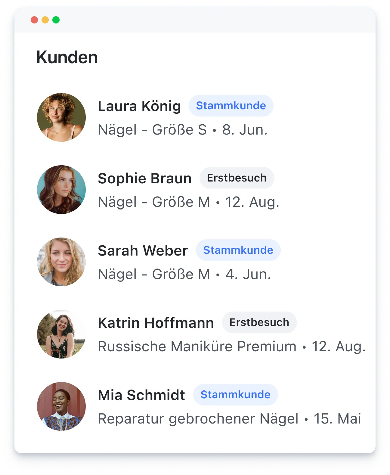 Customer list with photos, names, status, nail service details, and dates in a web interface.