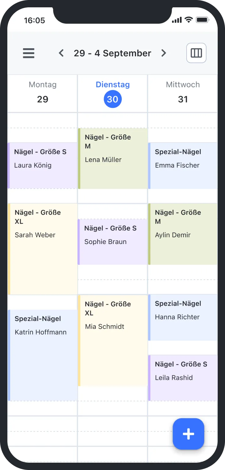 Mobile calendar shows nail appointments for Sept 29 to 31 with client names and nail sizes or specialties.