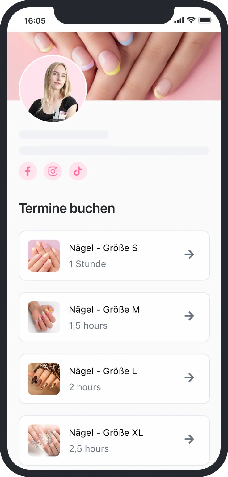 Mobile booking page showing nail size options with images and duration times for each nail size.
