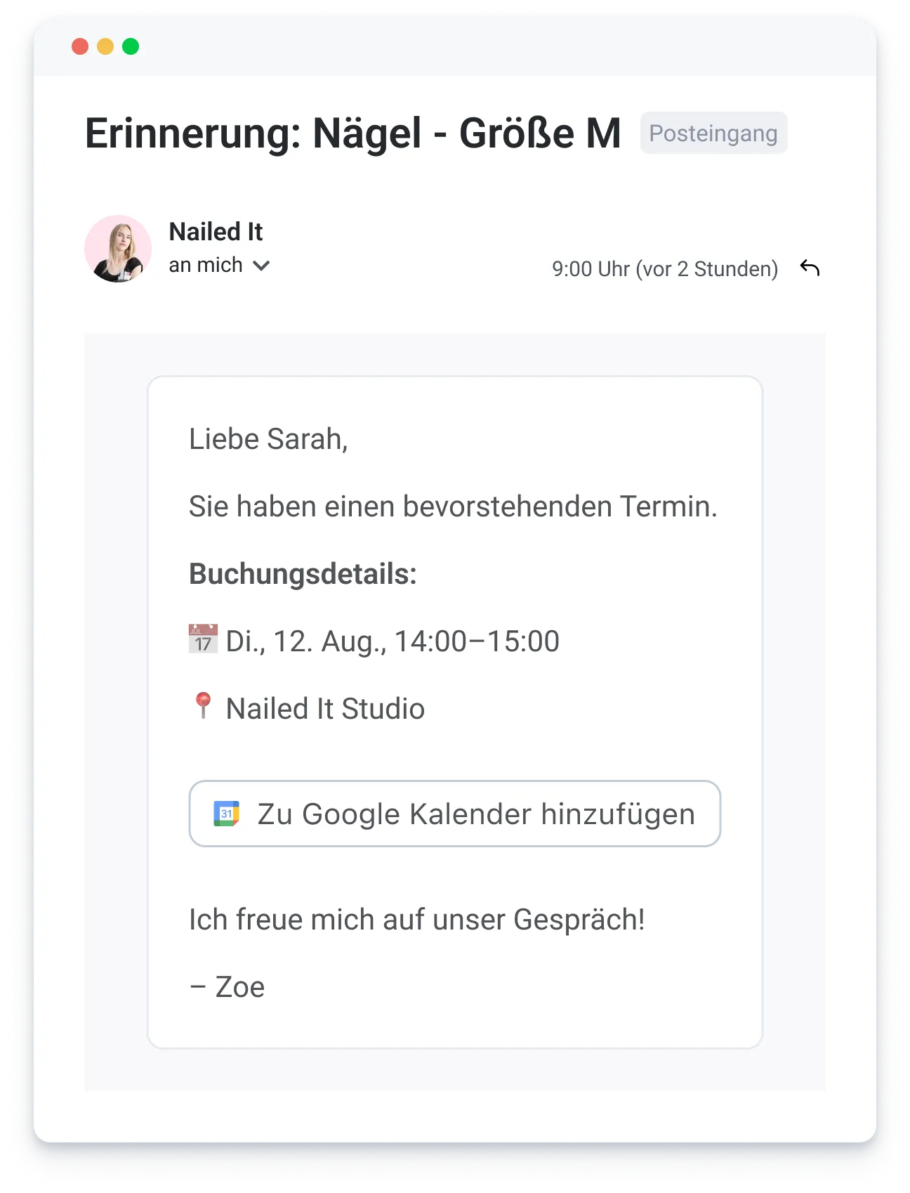Email reminder in German for a nail appointment on August 12, 14:00-15:00 at Nailed It Studio.