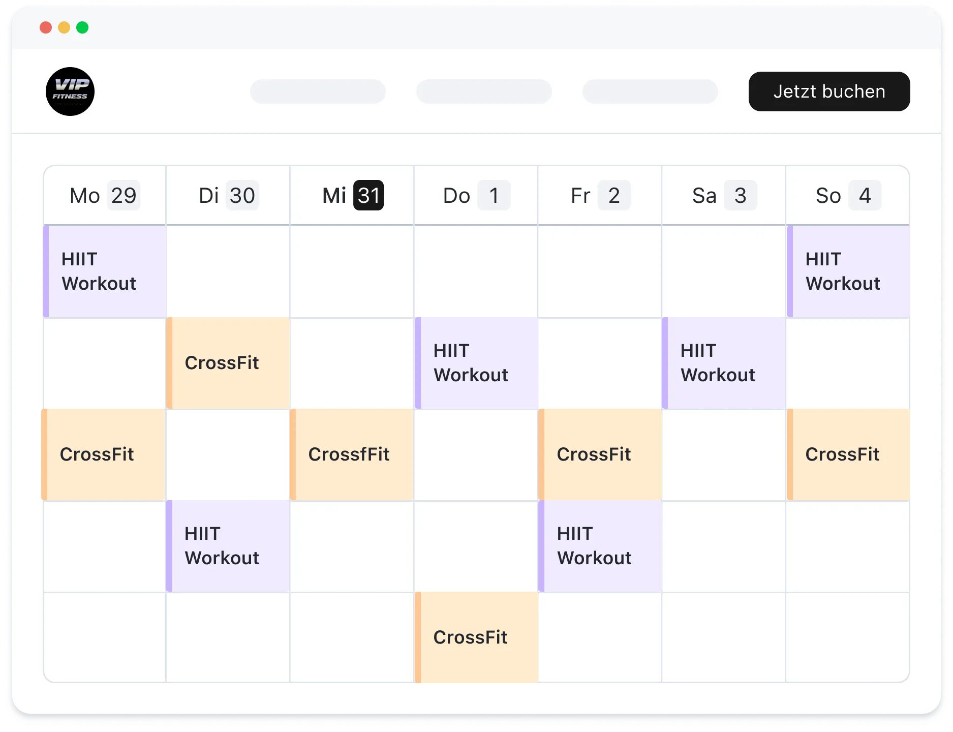 Weekly fitness calendar showing HIIT Workout and CrossFit sessions on different days.