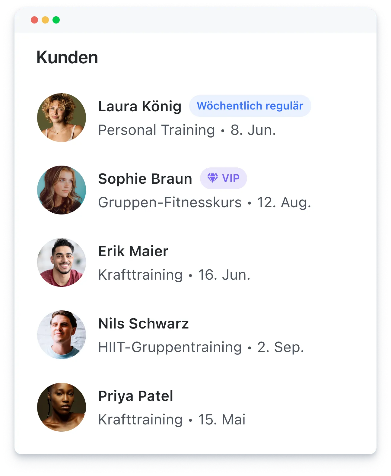 List of fitness clients with names, photos, training types, and session dates.