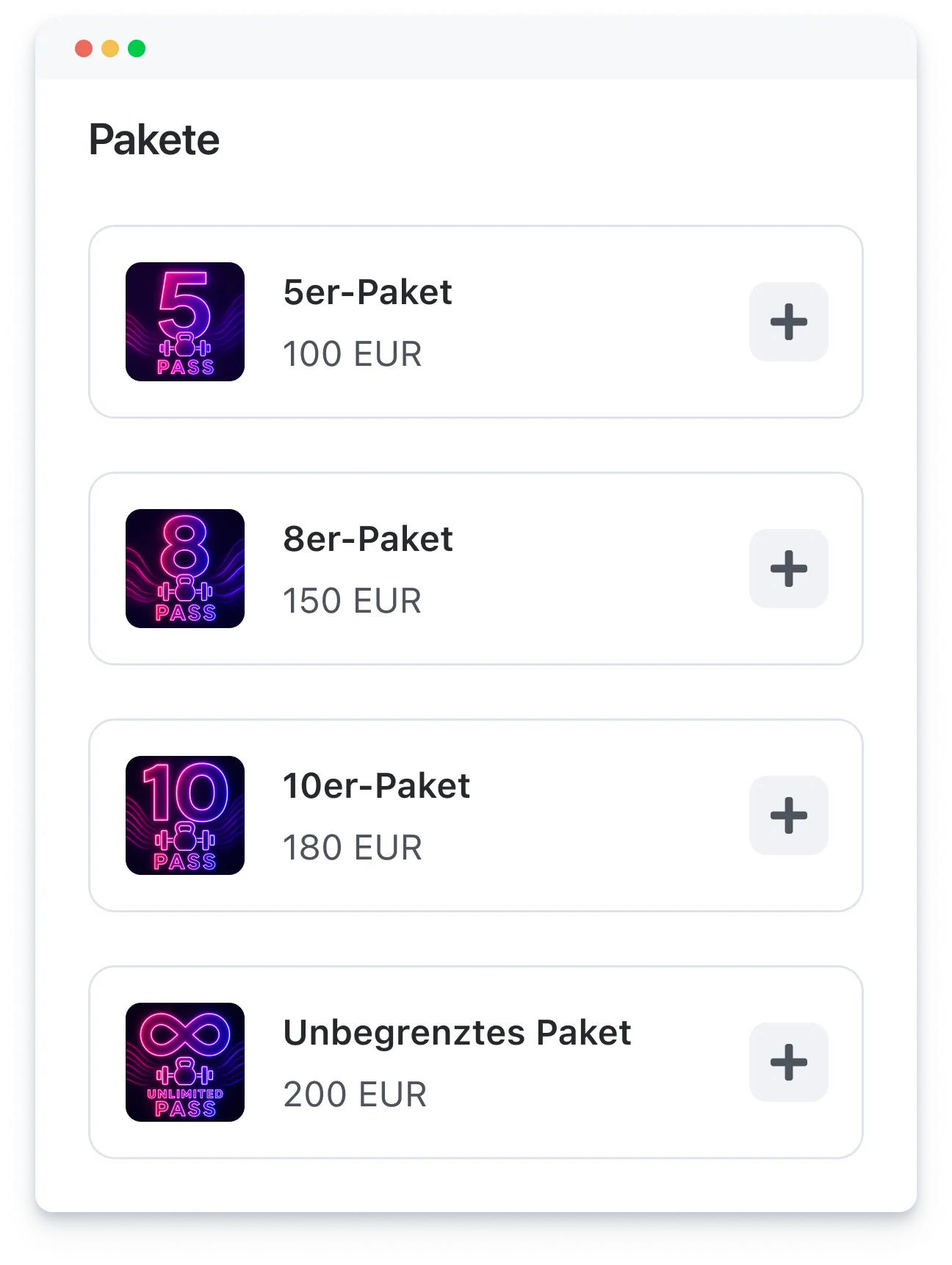 List of fitness pass packages with prices in euros: 5, 8, 10 sessions, and unlimited.