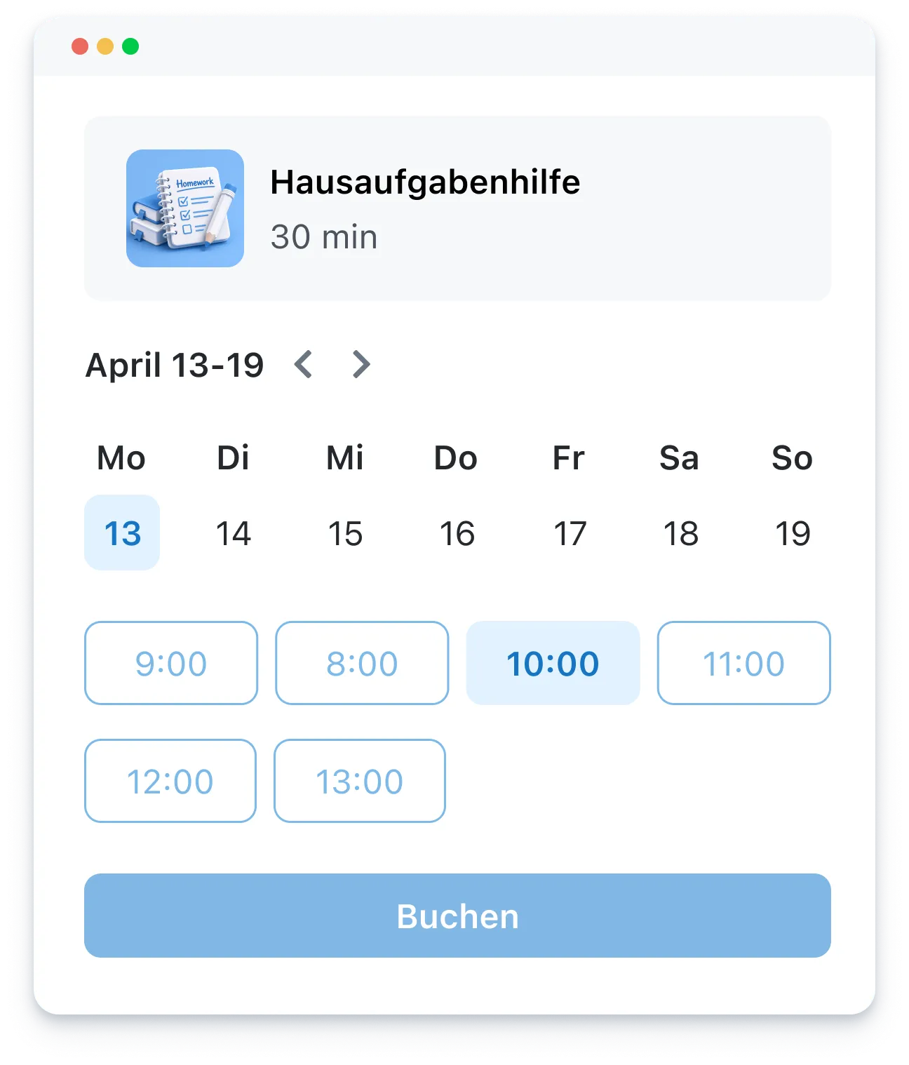 Calendar interface for booking 30-minute homework help sessions from April 13-19 with time slot options.