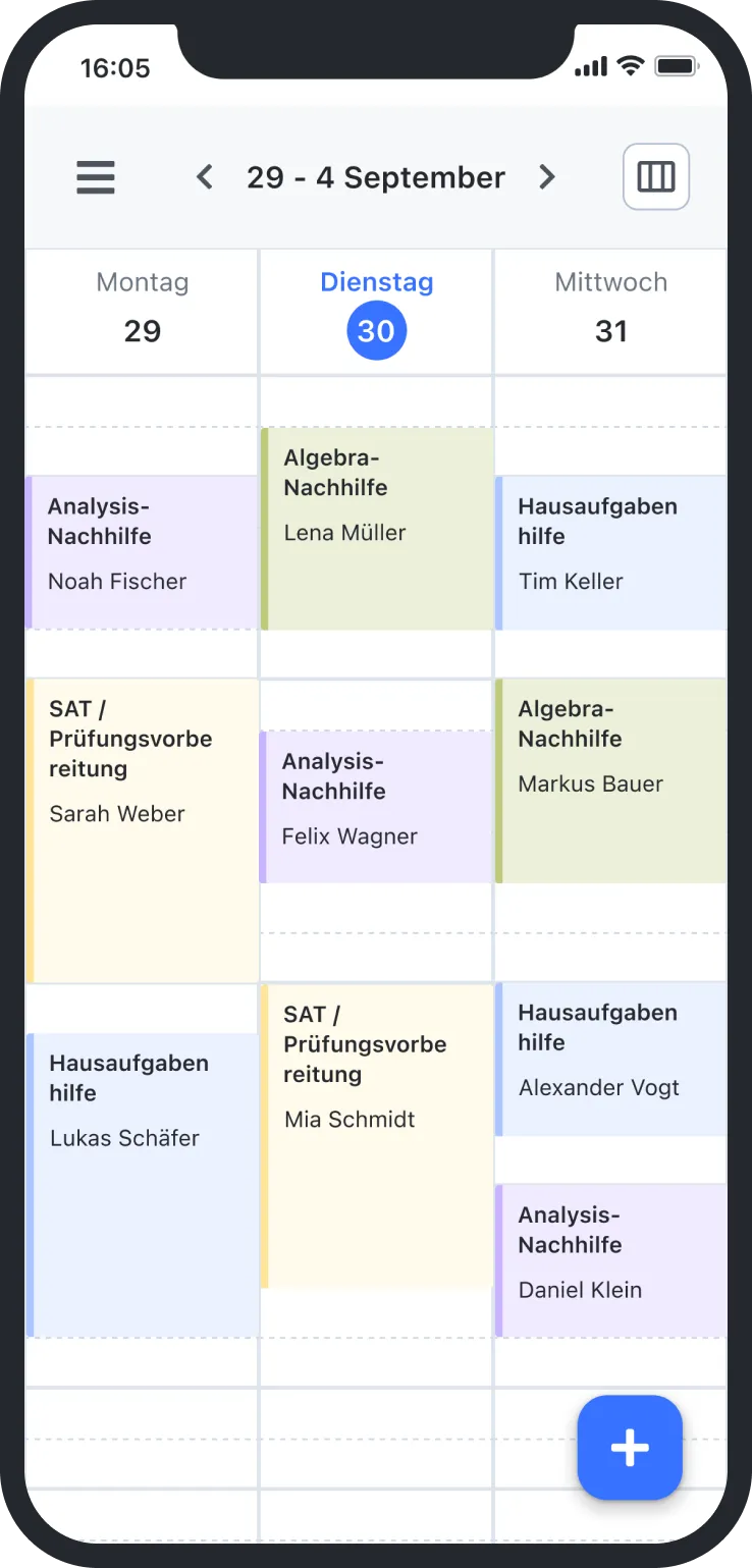 Mobile calendar app showing study sessions for Sept 29-31: algebra, analysis, homework help, and SAT prep.