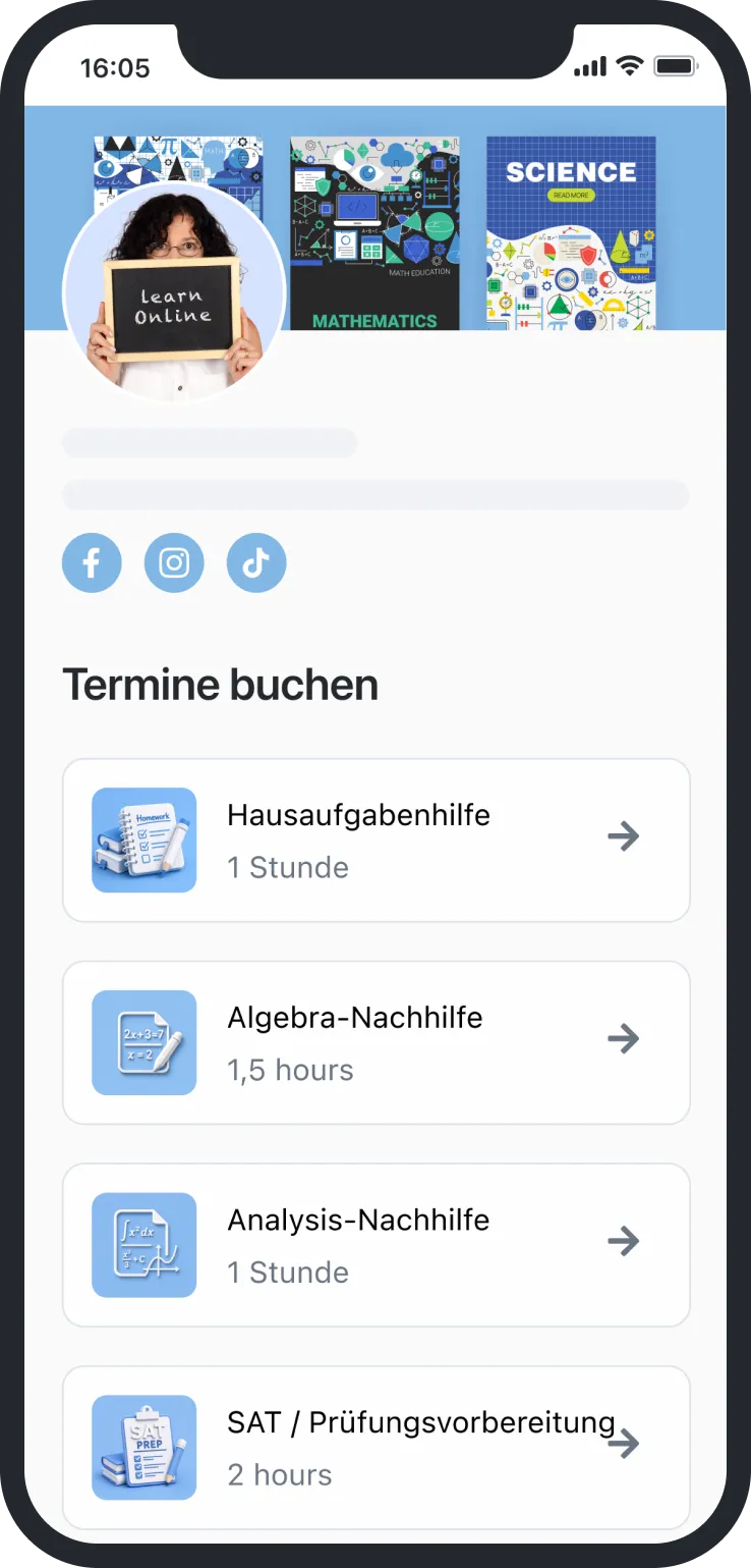 Mobile screen showing online tutoring booking options for homework, algebra, analysis, and SAT prep.