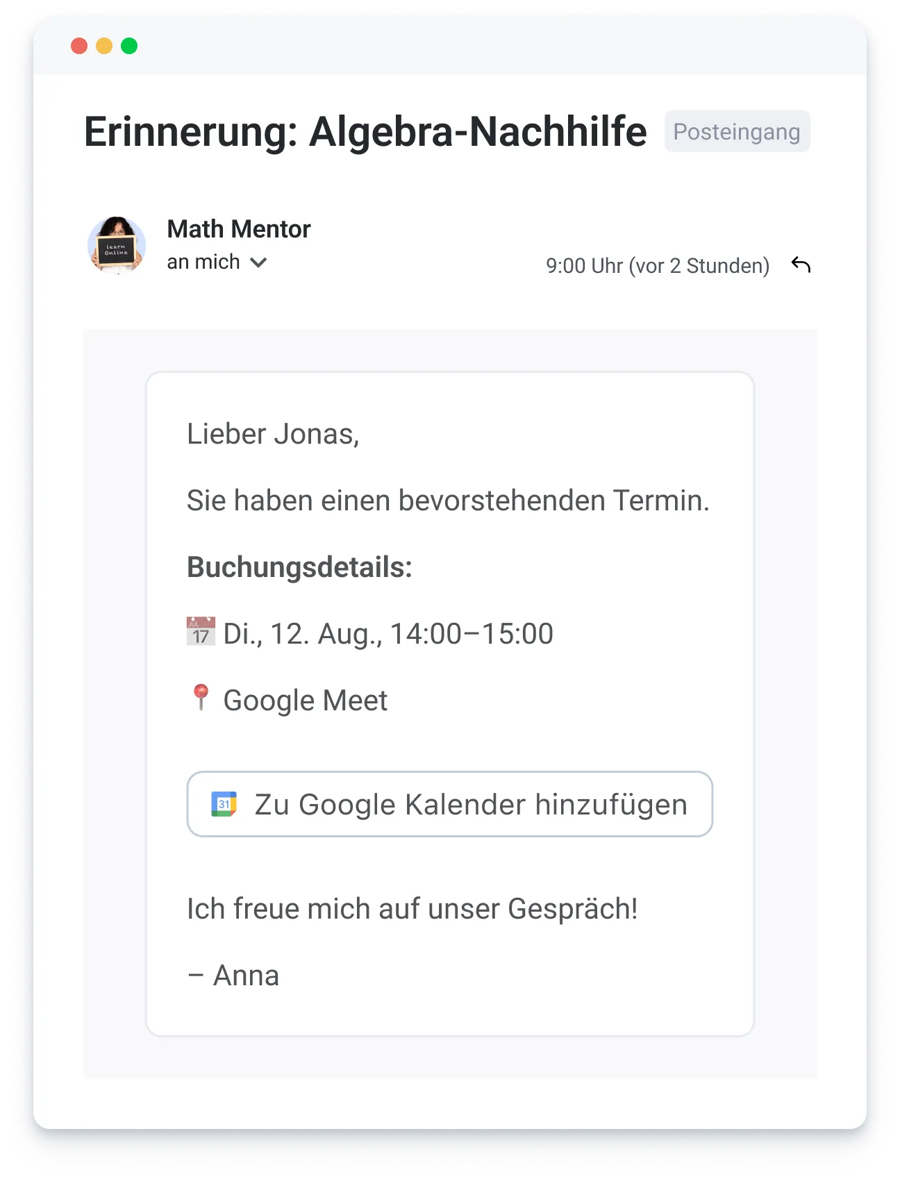 Email reminder for algebra tutoring on Aug 12, 14:00-15:00 via Google Meet, with add to Google Calendar option.