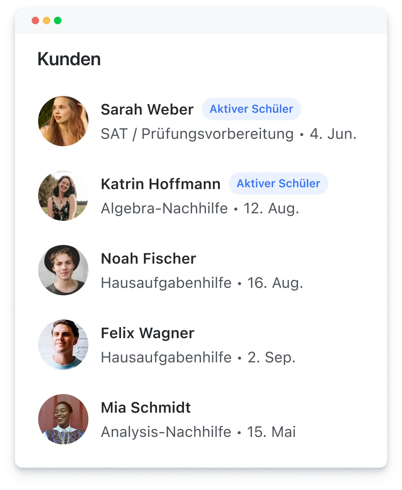 List of five clients with profile pictures, names, support subjects, dates, and active student status for two.