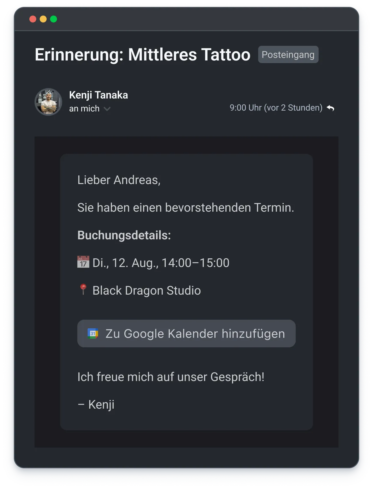 Email reminder from Kenji Tanaka to Andreas about tattoo appointment on Aug 12, 14:00-15:00 at Black Dragon Studio.