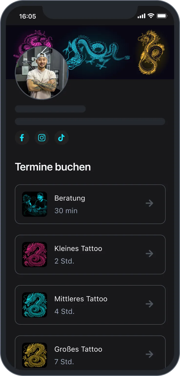 Tattoo artist profile with booking options for consultation and small, medium, large tattoos in German.