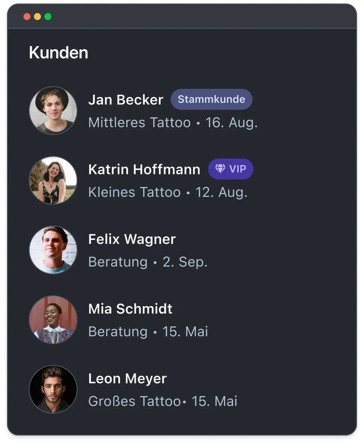 Customer list showing names, tattoo types, dates, and VIP or regular status badges.